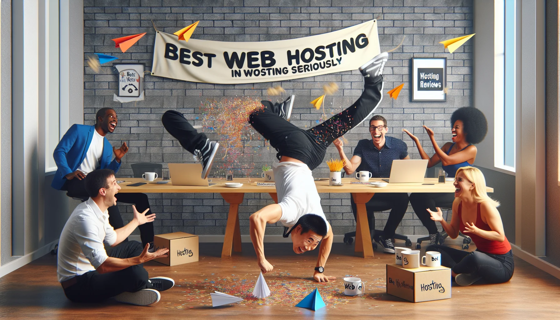 Visualise a humorous scenario set in a web hosting company's office. An energetic, Asian employee is presenting a break dance performance to lighten the mood, unexpectedly, confetti erupting from his laptop. Another, a Black employee is seen laughing and throwing colorful paper planes all around. A humorous banner overhead reading, 'Best Web Hosting Reviews' swings slightly due to the fan. On the side, a Hispanic woman is raising a toast with a coffee mug bearing the words 'We take the 'hosting' in web hosting seriously'. The energy in the room is contagiously funny and positive with everyone enjoying the entertaining moments.