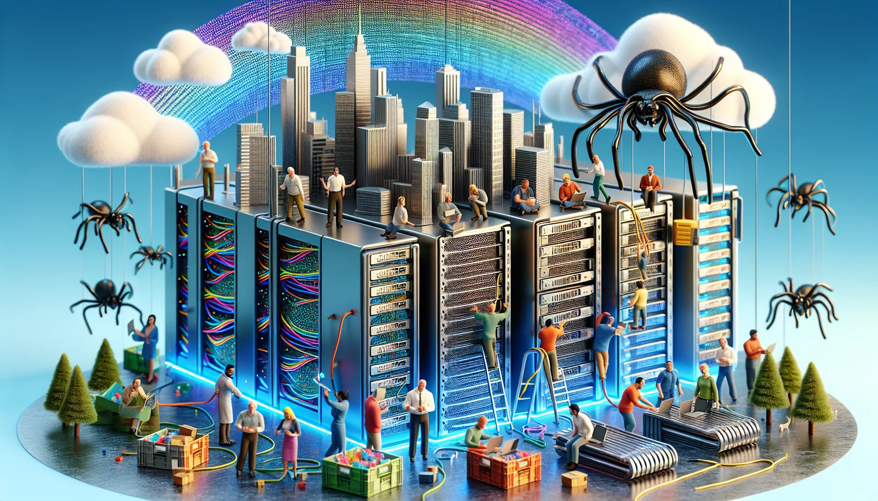 Generate an image showcasing a comedic scenario related to web hosting services. Picture this: A group of miniature people harmoniously working on a giant metallic server shaped like a cityscape. They are of diverse descents: Hispanic, Black, Middle-Eastern, and South Asian. Each one is engaged in a different activity, connecting cables, coding on floating holographic screens, or pacing on conveyor belts. Sky above them depicts a data stream instead of standard clouds creating a lively aurora. They are joyfully communicating with giant, friendly cartoonish spiders, representing 'web' in web hosting, helping them in their tasks. The image should be vibrant and enticing, aiming to provide a humorous and appealing representation of web hosting services.