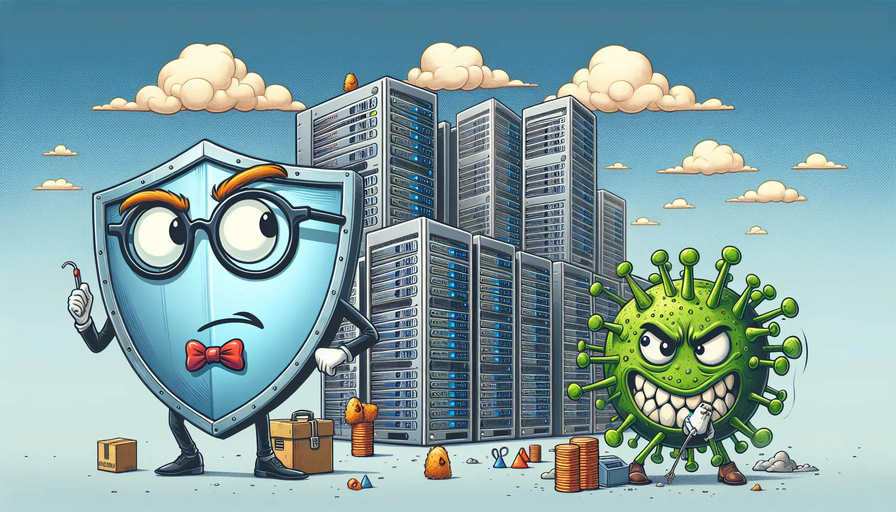 Create an hilarious image depicting how website security works in the context of web hosting. In this detailed and entertaining scene, represent an anthropomorphic shield symbol, with goofy glasses and a bow tie, standing as a metaphor for website security. This shield guardian is standing in front of a whimsical cityscape made of servers representing a web-hosting service, diligently guarding the entrance. Add comic touches like a sly-looking virus character, depicted as a green, spiky ball carrying a makeshift lockpick, trying (and failing) to bypass the watchful shield. Convey the message that security in web hosting is serious, but can be portrayed in a light and fun manner.