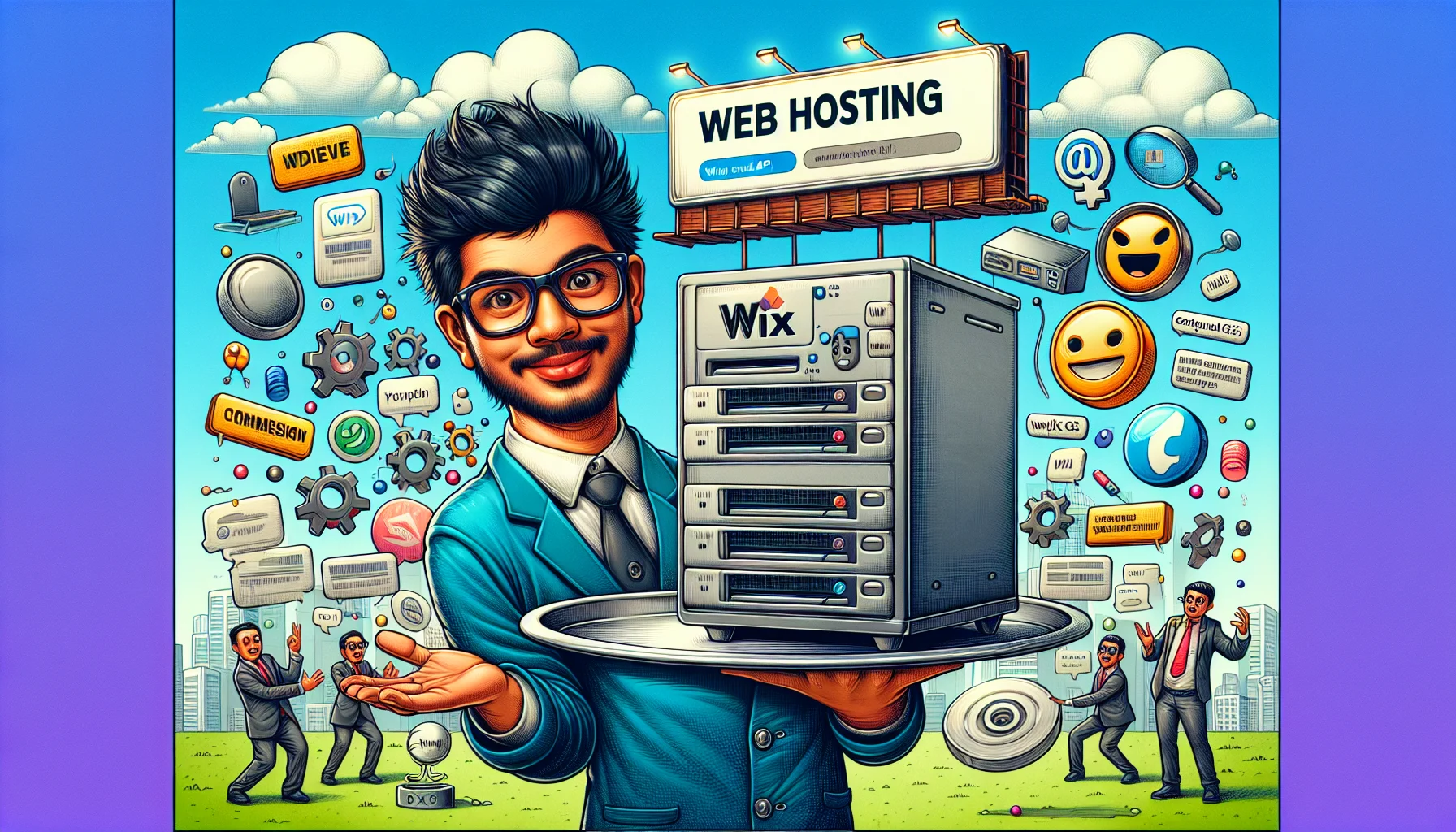 Create an image that humorously displays a concept represented as a 'Wix API' in a scenario related to web hosting. Perhaps present the API as a charming, personified character, a South Asian male with glasses, holding a server labeled 'Web Hosting' on a silver tray. Surround him with other light-hearted and exaggerated elements commonly associated with web building, such as oversized HTML tags and cascading CSS rules floating in the air. Add in the background a billboard with the word 'Wix' for promotional intent, all set in a vibrant, comic-style environment.