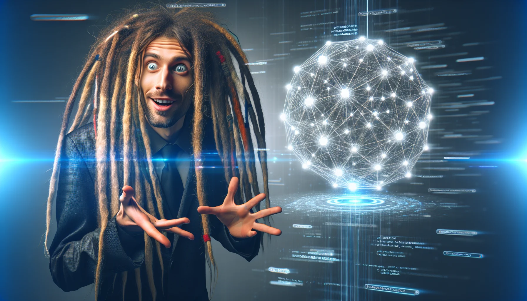 Craft an amusing and realistic image of an individual with dreadlocks, representing the concept of web hosting. The individual is confidently standing beside a large, holographic display of a network of interconnected nodes that symbolically represents internet connectivity. The individual, of Caucasian descent, exhibits a whimsically surprised expression as they interact dynamically with the hologram, emphasizing the fun aspect of the task. Their dreadlocks are artistically highlighted, enhancing the style of the scene. Hints of digital, futuristic elements fill the atmosphere, showcasing the progressive nature of web hosting.