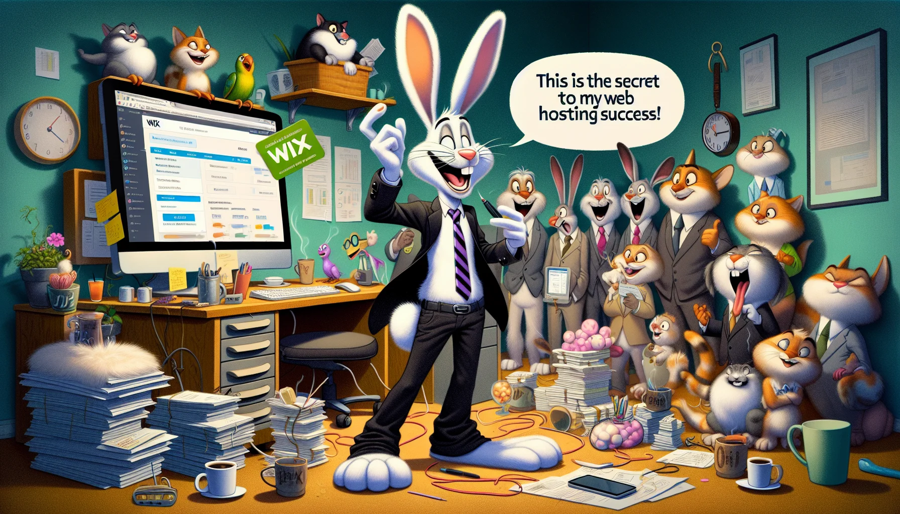 Imagine a humorous scene heavily influenced by animation. A tall and slim anthropomorphic rabbit with long ears, dressed up as a web developer. Its desk is overwhelmed with objects like a keyboard, mouse, large digital screen showing a successful web hosting dashboard, half-drunk coffee cups, and stacks of paperwork. In one hand, the rabbit is holding a wix gift card triumphantly in front of a perplexed group of anthropomorphic animals like a round-bodied dog, fluffy cat, and a pair of chattering parrots, all dressed up in business attire. A playful text bubble from the rabbit reads, 'This is the secret to my web hosting success!'