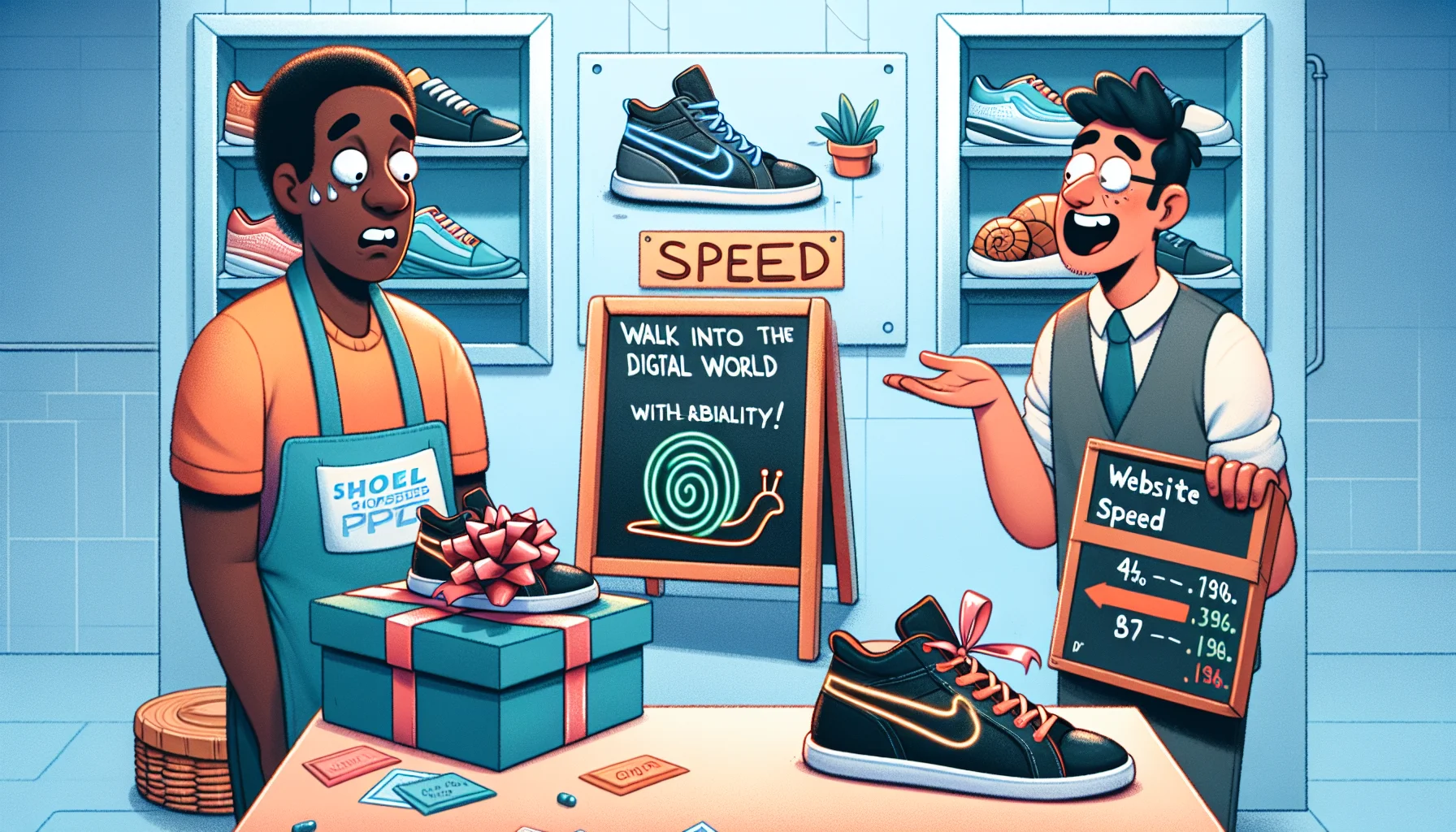 Depict a humorous scene in a shoe store. A pair of stylish shoes are gift-wrapped on the counter. They have neon tags that read 'Website Speed' and 'Reliability'. A puzzled shopkeeper of African descent and a laughing customer of Asian descent are both pointing at the shoes. In the background, a sign reads: 'Walk into the digital world with comfort!'. A chalkboard nearby humorously illustrates a pair of shoes outpacing a snail, symbolizing high-speed website hosting.