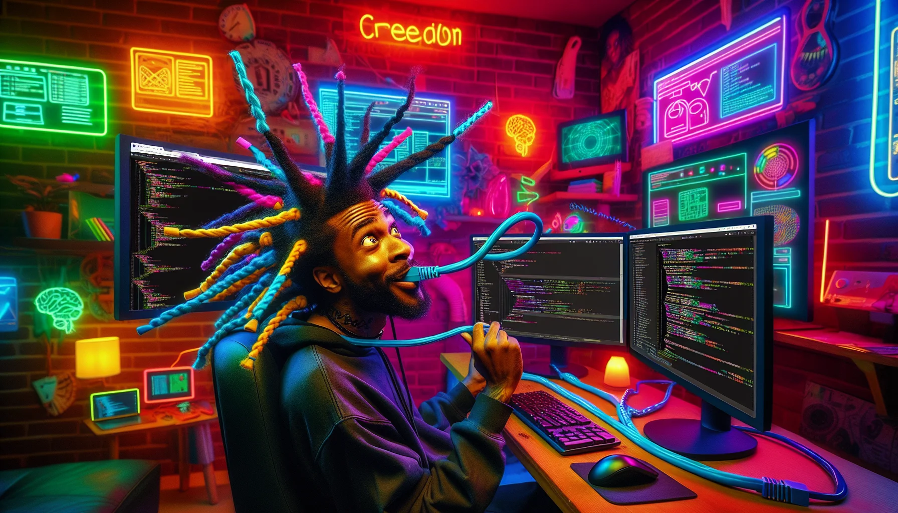 Generate a detailed and intimate image capturing a hilarious scenario. Picture a Black male with Wix locs, exuding endless creativity, sitting in a cozy room filled with funky, vibrant neon-colored tech gadgets. He's earnestly engaged in web hosting, with multiple monitors displaying codes, websites, and diagrams in an array of colors. Meanwhile, his Wix locs are playfully entangled with an ethernet cable, symbolizing his connection to the digital realm. Place emphasis on his amused expression, the dynamic vibrant environment, and the fun connection between his hairstyle and the work he is doing.