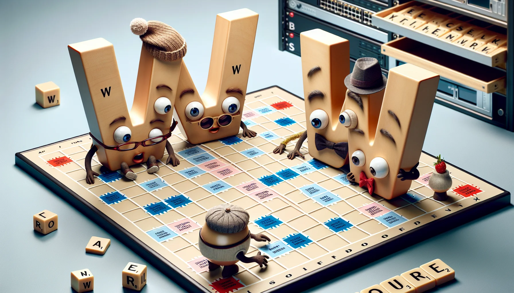 Create an image that offers a comical take on the letters 'W', 'I', and 'X' engaging in a game of scrabble. Picture this scenario: The letters themselves have sprouted small arms and legs, emotions clearly visible on their circular faces. They are dressed in various fun accessories like novelty glasses, bow ties and party hats. Their expressions are of intense concentration, perhaps mirroring the seriousness of professional web-hosting scenarios. In the background, there are subtle elements suggesting web hosting environments, such as a server rack or a network diagram, placed cleverly within the context of a traditional board game setup.