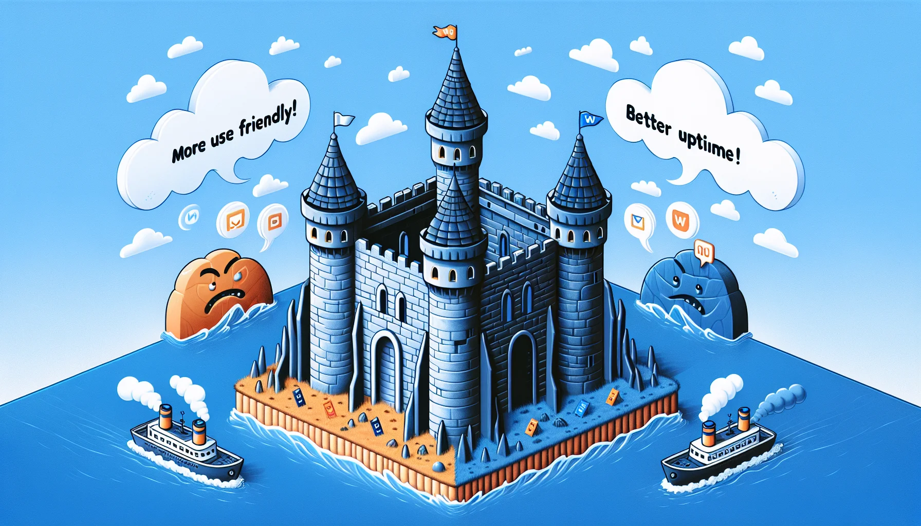Create a humorous illustration that depicts the competition between two abstract web hosting entities. For one side, symbolize it with a sleek, intricate castle fortress, representing advanced and sophisticated features, as a metaphor for Wix. On the other side, visualize another entity as a secure, fortified ship floating on a digital sea indicating constant support and stability, representing Bluehost. Let these entities interact with playful animated speech bubbles, with phrases like 'More user friendly!', 'Better uptime!', to emphasize the ongoing friendly rivalry of web hosting superiority.