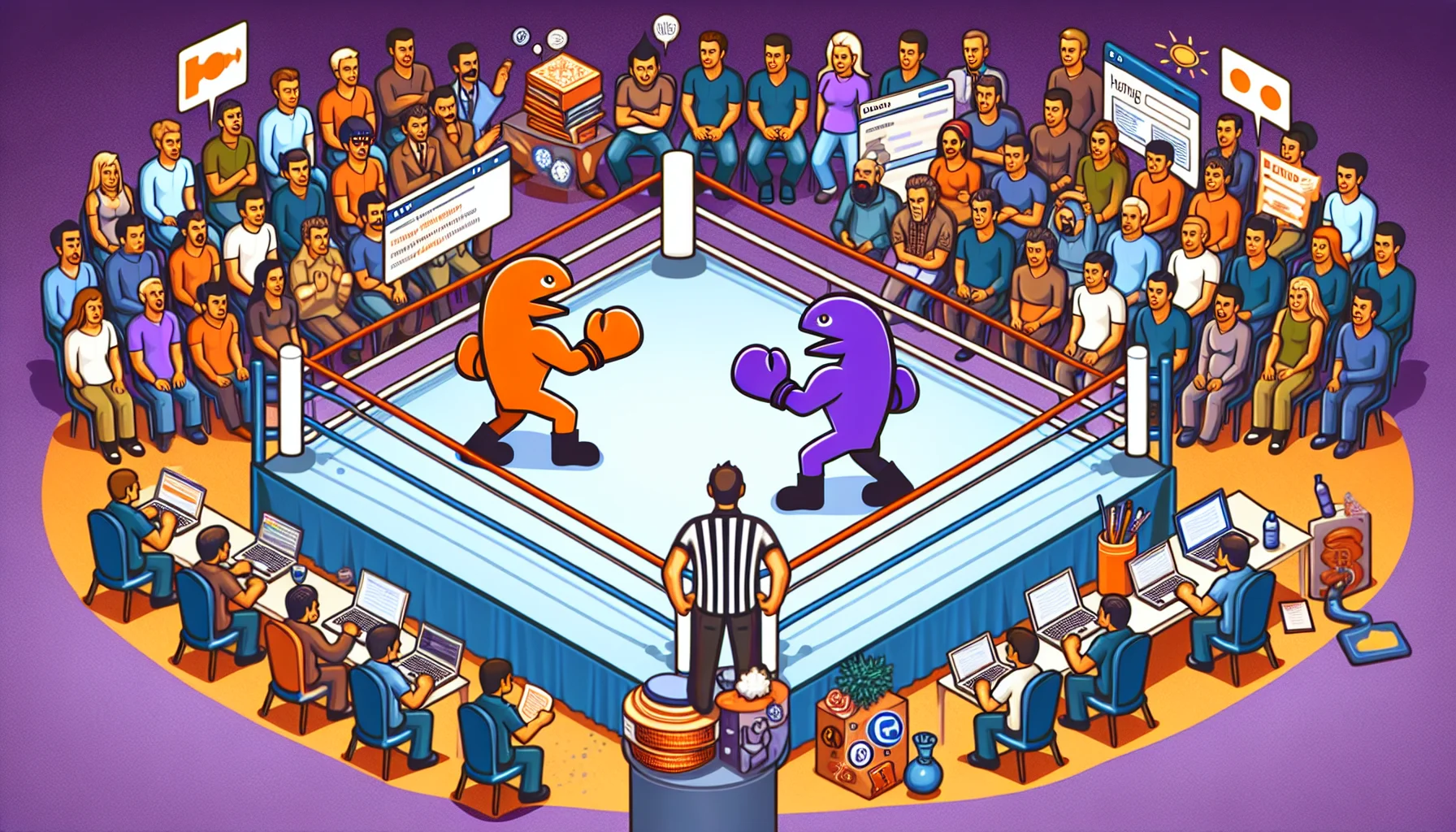 Create a humorous image showcasing a mock competition between two web development platforms - one represented by an orange symbol and the other by a purple symbol. The setting should be like a boxing ring where both platforms are like boxers preparing to duel. The audience is a varied mix of people representing website developers and designers, all excitedly watching the competition. The ring is surrounded by hints and symbolism indicating the battle is about web hosting. Some humorous elements could be the overly dramatic preparations of the players, the eager audience reactions, and some comedic referee interactions.