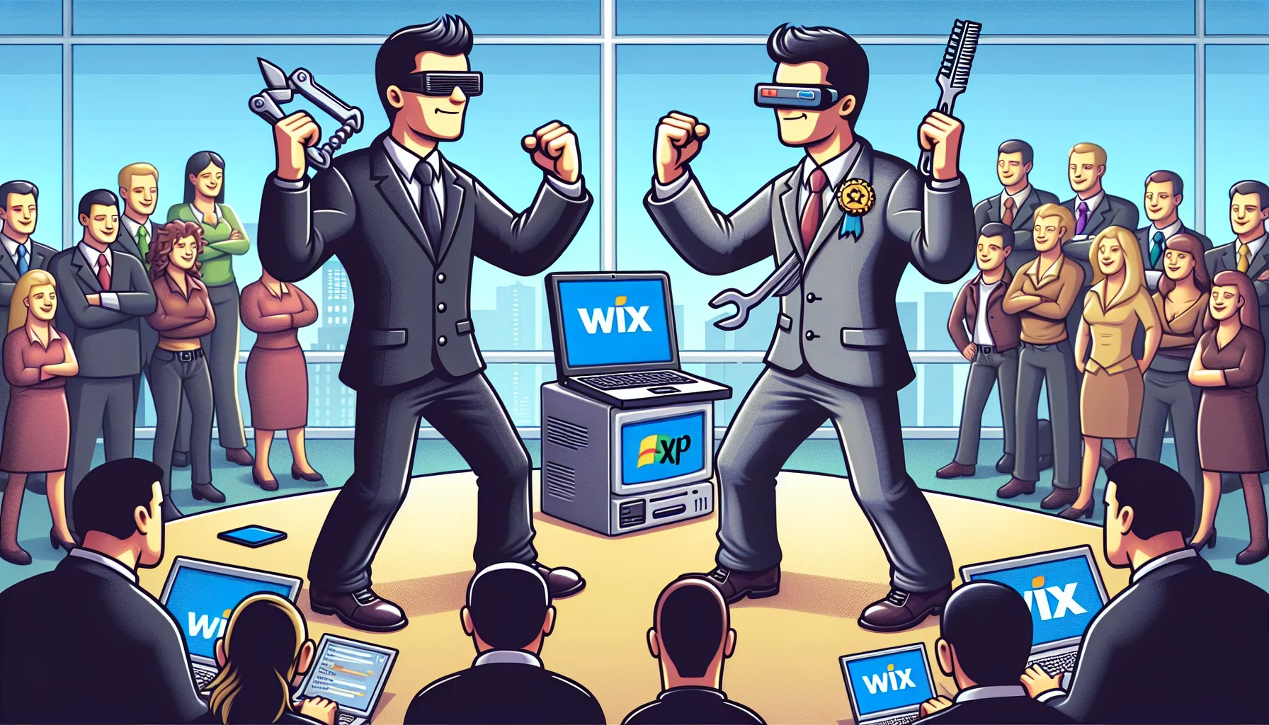 Design a humorous scene where two personified versions of web hosting platforms are competing. On one side, personify 'Wix' as a slick, modern professional in a sharp suit using advanced tools, symbolizing the powerful and user-friendly nature of the platform. On the other side, transform 'Wix XP' into a retro character, wearing clothing styles of the early 2000s and using outdated tools, reflecting the older version of the platform. The backdrop should be an office setting, with people from various descents and genders watching the friendly competition, intrigued by the spectacle.