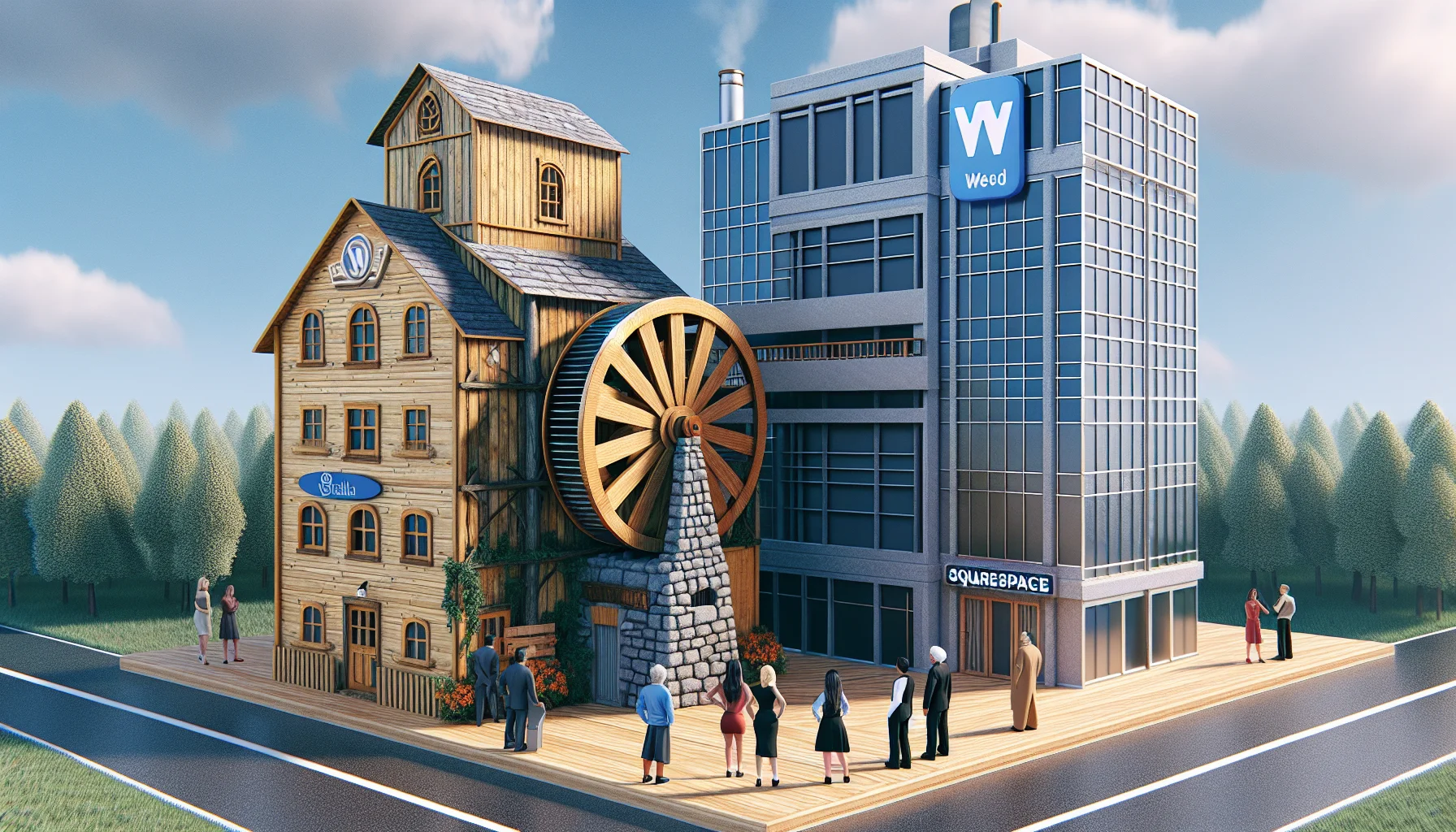 Create an entertaining and evocative scenario illustrating the humorous side of web hosting. In this image, two digital spaces - represented as physical buildings. The 'WordPress building' is a charming, rustic mill with a waterwheel, demonstrating its versatility and customizability. The 'Squarespace building' is a sleek, modern skyscraper, showcasing how streamlined and user-friendly it is. However, both buildings are humorously engaging in a friendly competition to entice customers, symbolized by people of different ages, genders, and descents - Hispanic woman, Middle-Eastern man, Black teenager, and an elderly Caucasian man - who are looking with amusement and curiosity at these two 'competing' buildings.