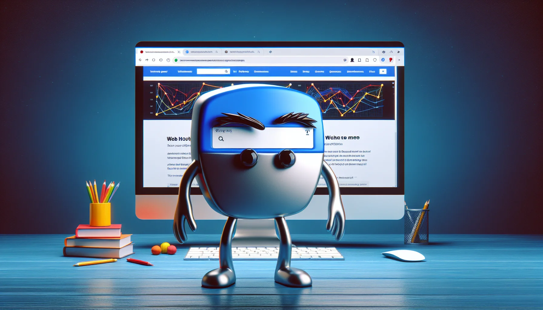 Generate a whimsical image showcasing a web browser icon depicted as an unusually shaped character. This character is standing in front of a computer monitor displaying a website's landing page. The website should be designed to promote web hosting services in an appealing manner, adding funny elements such as quirky graphs, quirky taglines, and unexpected, humorous pop-ups. The composition should question the ordinary perception we have of web browsers, adding a comedic twist to the standard practices of web hosting services.